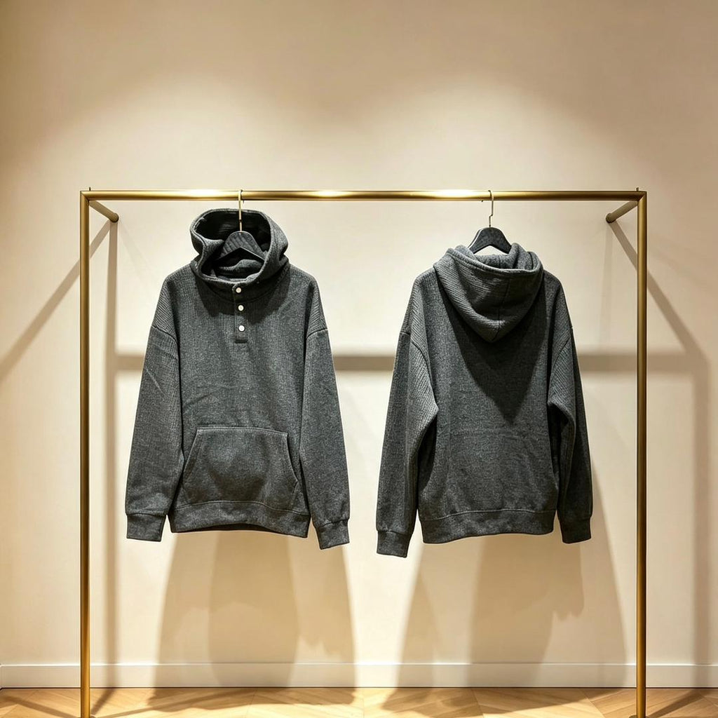 Charcoal Button-Neck Hoodie — front and back view