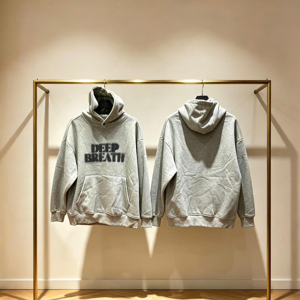 Deep Breath Hoodie in heather grey — front and back view