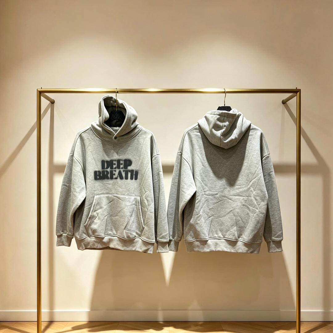 Deep Breath Hoodie in heather grey — front and back view